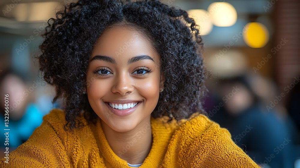 Closeup portrait of a smiling young woman with curly hair, wearing a mustard yellow sweater. A joyful, confident expression conveys optimism and success. Closeup portrait of a smiling young woman with curly hair, wearing a mustard yellow sweater. A joyful, confident expression conveys optimism and success.