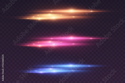 Collection of neon glares of light, laser line effect.