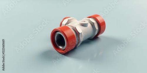 Close-up view of a three-way valve with red accents, isolated on a pale blue background, showcasing its industrial design and precision engineering. photo