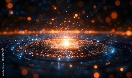 An abstract image of an orange core surrounded by a galaxy of blue glowing particles. The image evokes a sense of cosmic energy and technological innovation.