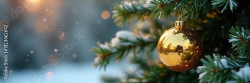 Shiny gold metallic Christmas ball hanging on a large fir tree branches with snow, fir, metallic, snow
