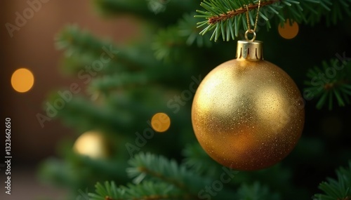 Shiny gold metallic Christmas ball hanging on a large fir tree branches, holiday, gold, season