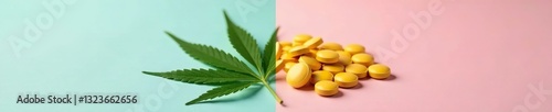 Side-by-side comparison of marijuana and pills on a minimalist background, natural remedies, medication,