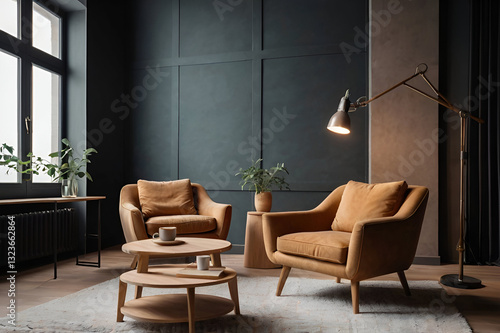 Cozy minimalist studio, Empty studio without people. Studio for podcasts or interviews. Stylish studio, Two comfortable armchairs with lighting and a coffee