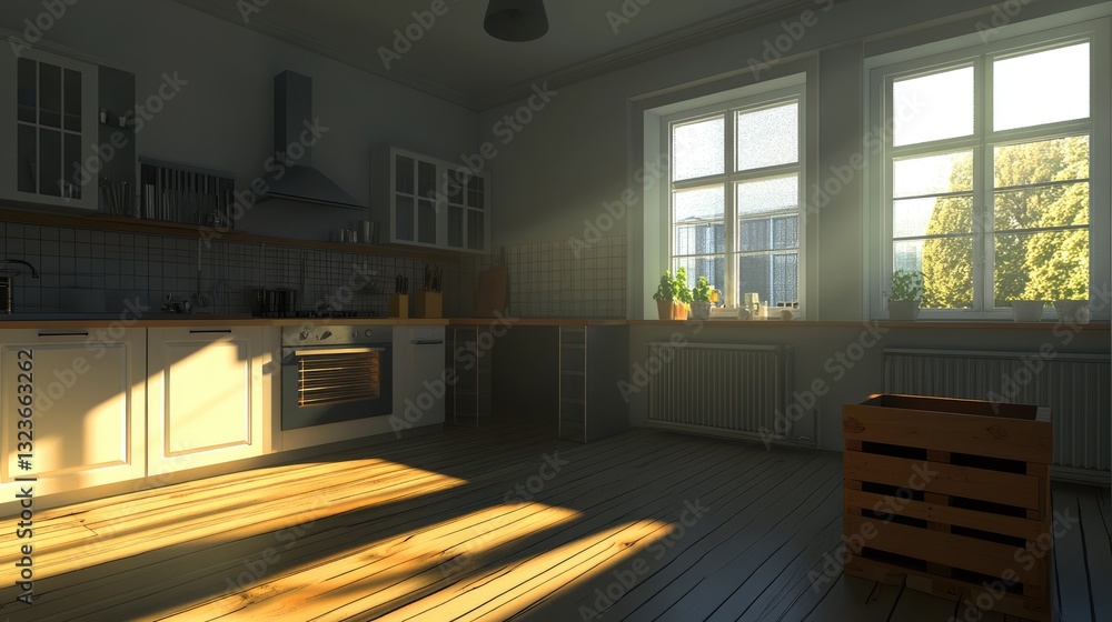 A natural wood pallet counter in a Scandinavian-style kitchen. A natural wood pallet counter in a Scandinavian-style kitchen.