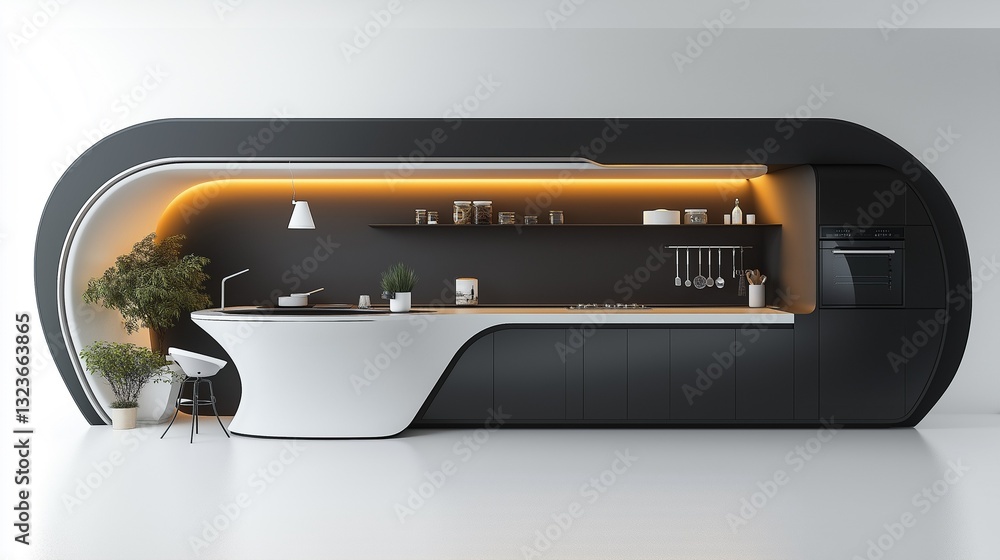 A modern kitchen designed with a unique aesthetic. A modern kitchen designed with a unique aesthetic.