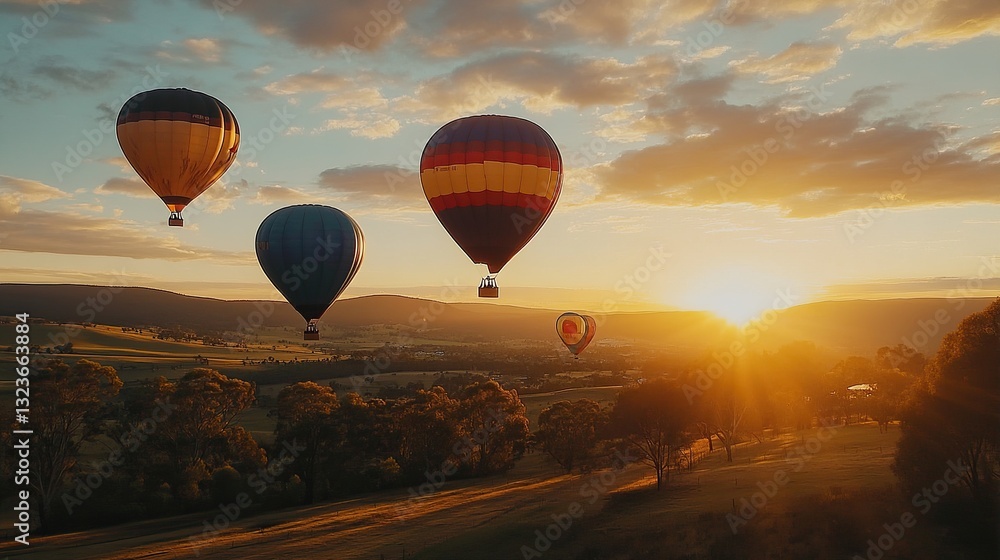 Obraz premium Colorful hot air balloons float over a verdant landscape.