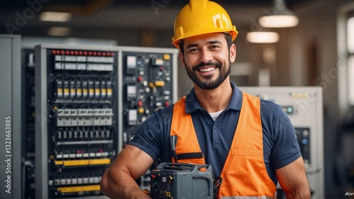 Male electrical engineer with hard hat and reflective vest in a server room with electrical panels.