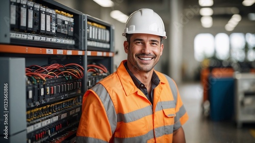 Male electrical engineer with hard hat and reflective vest in a server room with electrical panels.