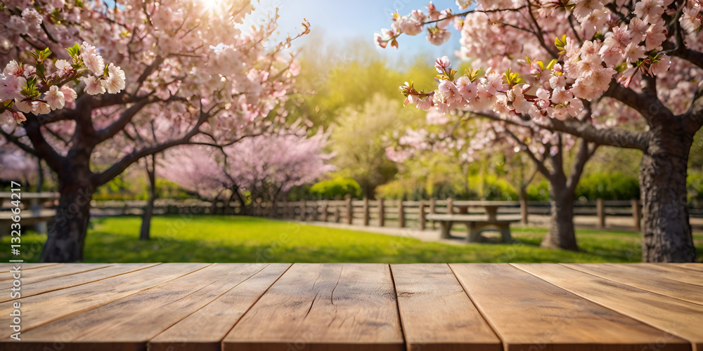 Naklejka premium spring in the park, Empty wooden table in flower park with garden bokeh background, country outdoor theme mock-up for product display, wooden table in front of the spring blossom tree landscape