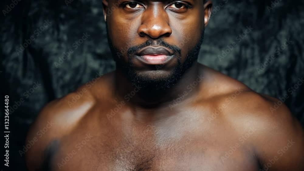Static close-up video, dramatic side lighting, a man with a fat torso looks directly into the camera, dark textured fabric background, stern yet vulnerable expression, inner strength Static close-up video, dramatic side lighting, a man with a fat torso looks directly into the camera, dark textured fabric background, stern yet vulnerable expression, inner strength