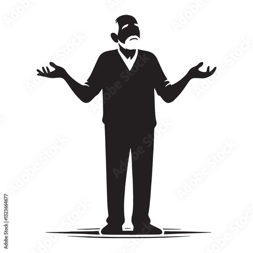 Amused Shrugging Oldman silhouette, expressing mild surprise - Oldman illustration - Minimalist Shrugging Oldman vector - Playful elder
