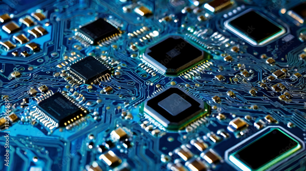Fototapeta premium computer circuit board, High-tech circuit board background, abstract digital technology presentations, electronic components, digital infrastructure, blue tech theme, modern electronics evolution expa