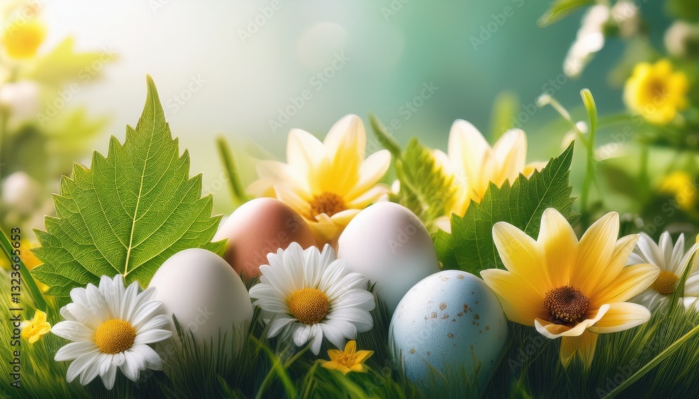 Close-up of cheerful flowers, vine leaves, and small eggs hidden in the grass, capturing the essence of spring. The scene is perfect for evoking the joy and freshness of the season, ideal for Easter Close-up of cheerful flowers, vine leaves, and small eggs hidden in the grass, capturing the essence of spring. The scene is perfect for evoking the joy and freshness of the season, ideal for Easter
