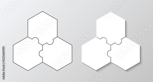 Jigsaw triangle diagram with hexagonal pieces. Puzzle layout, steps, parts of process grid. Hexagon business presentation infographic. Business presentation for infographics. Vector illustration.