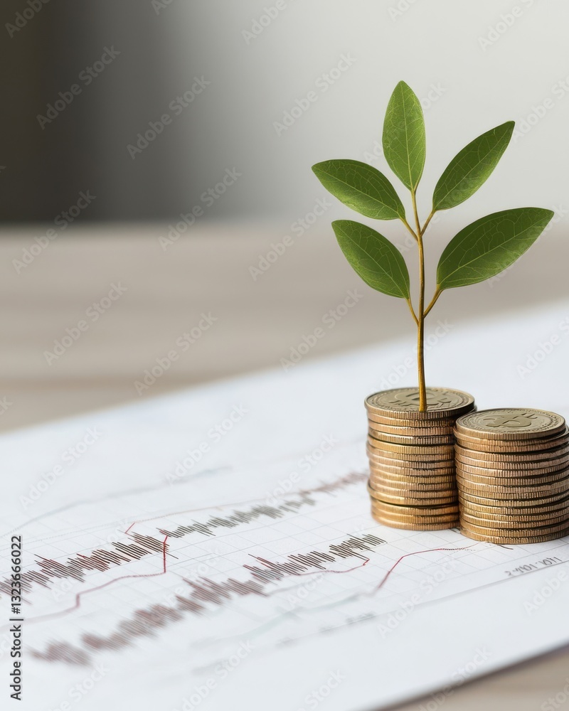 Growth of Investment Concept with Green Plant Sprouting from Stacked Coins on Financial Chart Background Growth of Investment Concept with Green Plant Sprouting from Stacked Coins on Financial Chart Background
