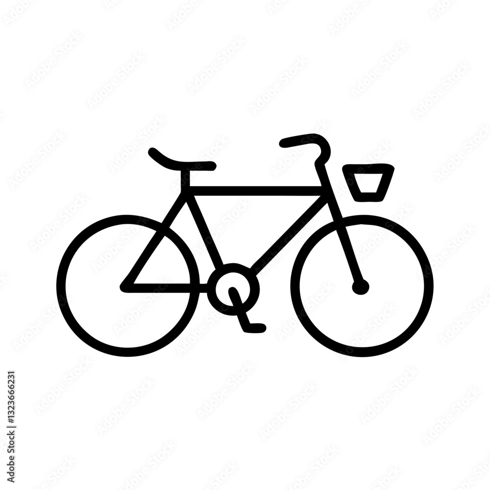 A simplified illustration of the outline of a city bike with a basket on the front. A simplified illustration of the outline of a city bike with a basket on the front.
