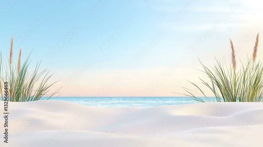 Serene beach scene with gentle waves, soft sand, and coastal grasses under a clear blue sky, reflecting tranquility. Serene beach scene with gentle waves, soft sand, and coastal grasses under a clear blue sky, reflecting tranquility.