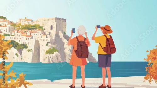 Senior tourists taking photos of picturesque coastal town in italy