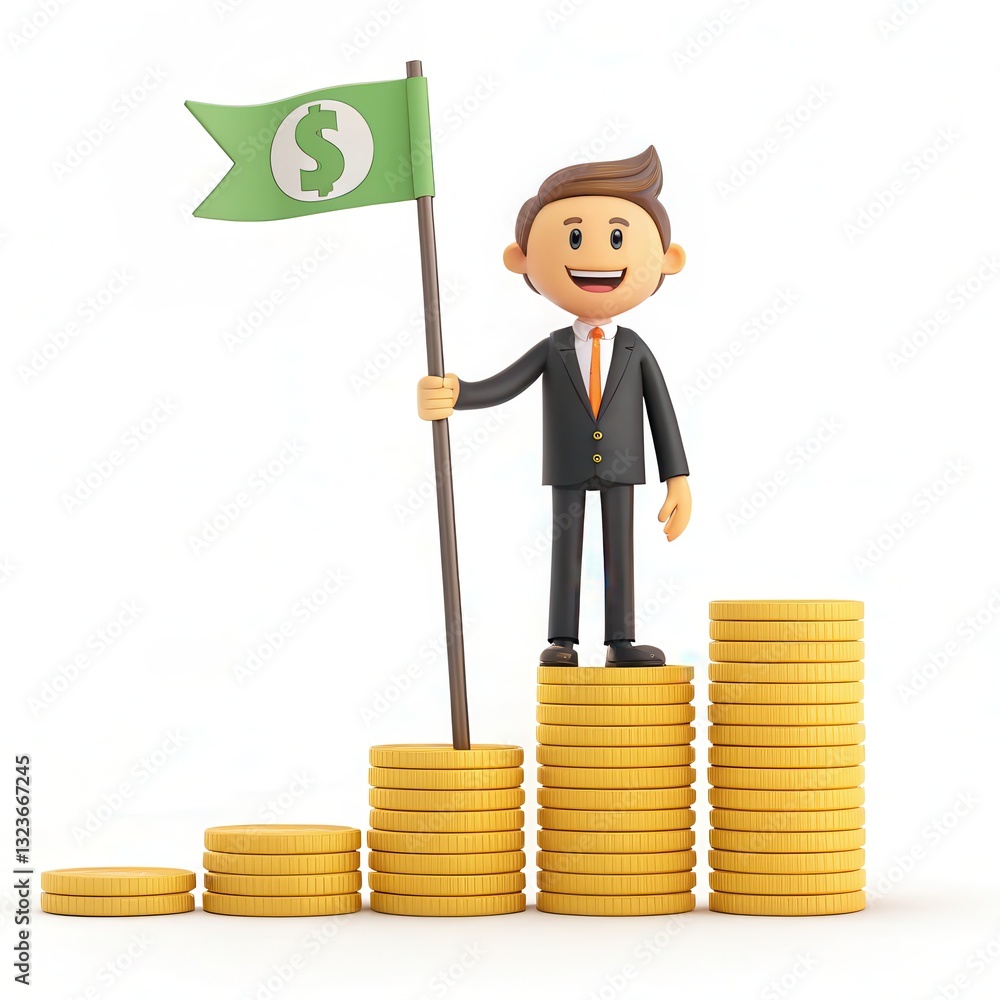 Cartoon Businessman Standing on Coins with Dollar Flag in 3D Rendered Style for Upscale Projects Cartoon Businessman Standing on Coins with Dollar Flag in 3D Rendered Style for Upscale Projects