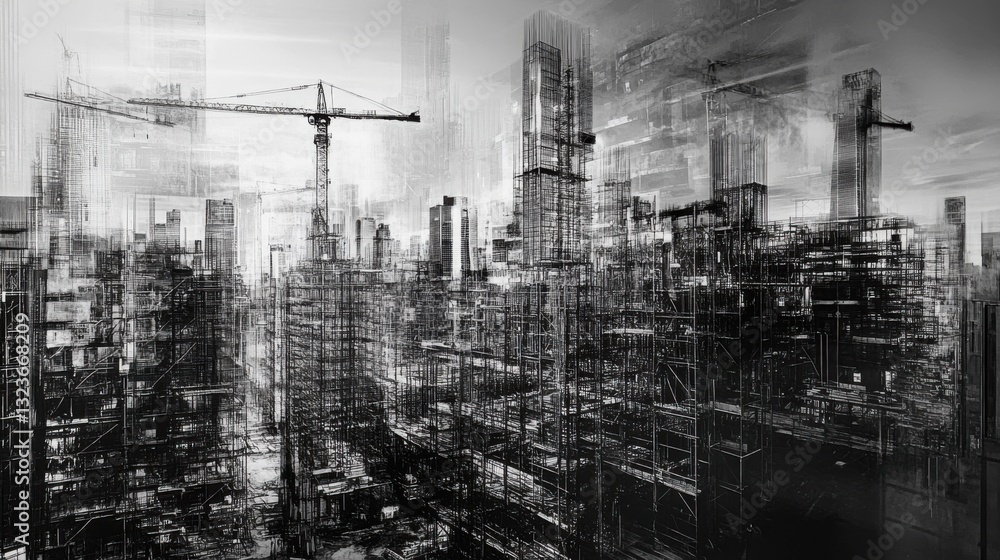 Fototapeta premium Construction crane, buildings, action. Generative AI