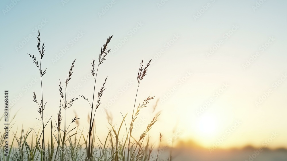 Fototapeta premium Serene sunrise over a tranquil field, with delicate grasses swaying gently in the morning breeze.
