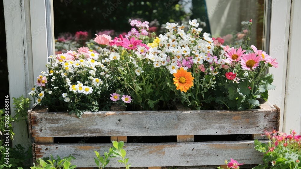 Fototapeta premium A repurposed wooden pallet window planter filled with flowers.