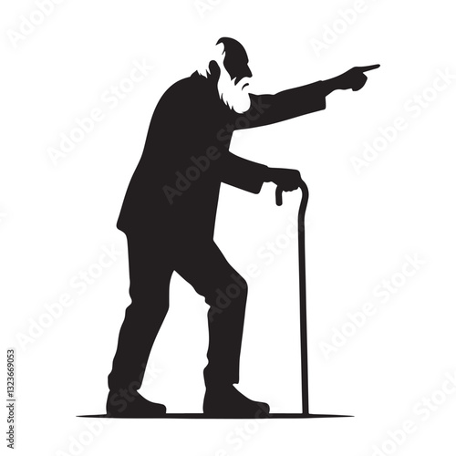 Demanding Pointing Oldman silhouette, making a strong statement - Oldman illustration - Minimalist Pointing Oldman vector - Experienced guide
