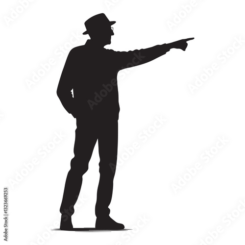 Resolute Pointing Oldman silhouette, standing firm in beliefs - Oldman illustration - Minimalist Pointing Oldman vector - Unwavering elder
