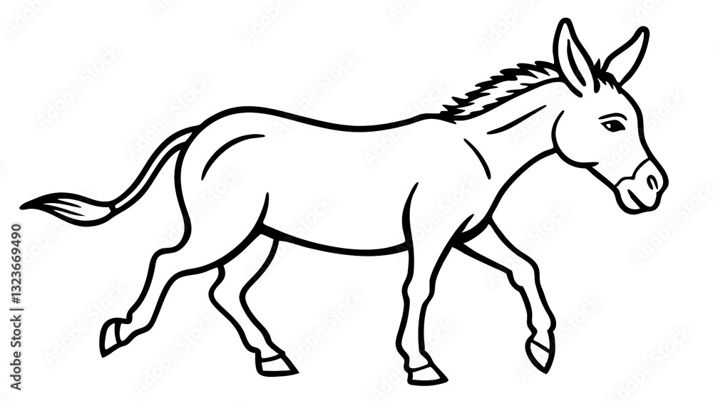 Fototapeta premium A Steadfast Donkey Calmly Traversing A Sun-drenched Landscape, A Simple Line Drawing In Bold Black Strokes Against A White Backdrop