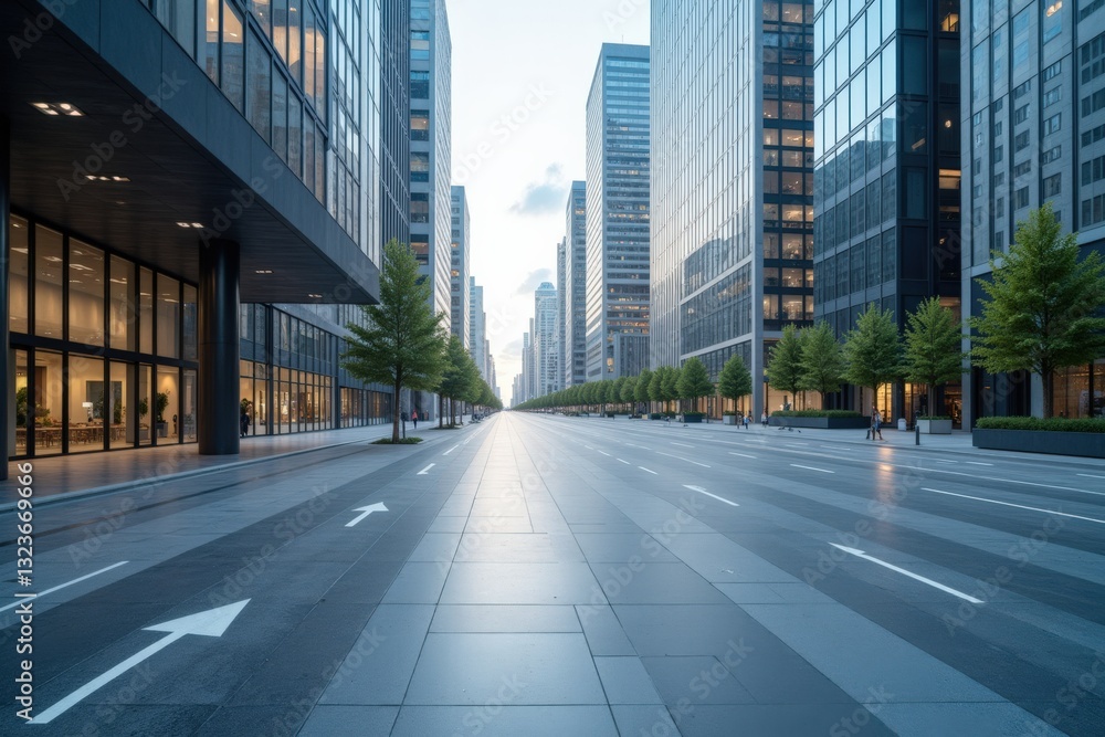 A Serene Urban Morning: A Quiet City Street Flanked by Modern Skyscrapers and Lush Green Trees in an Empty Business District A Serene Urban Morning: A Quiet City Street Flanked by Modern Skyscrapers and Lush Green Trees in an Empty Business District