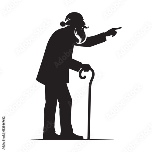 Preaching Pointing Oldman silhouette, guiding with moral lessons - Oldman illustration - Minimalist Pointing Oldman vector - Spiritual elder
