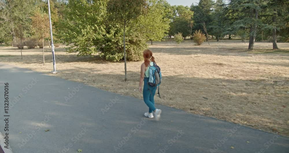 A young woman with a backpack walks through a park on a sunny day. She enjoys the peace and quiet of nature as she strolls along the path. A young woman with a backpack walks through a park on a sunny day. She enjoys the peace and quiet of nature as she strolls along the path.