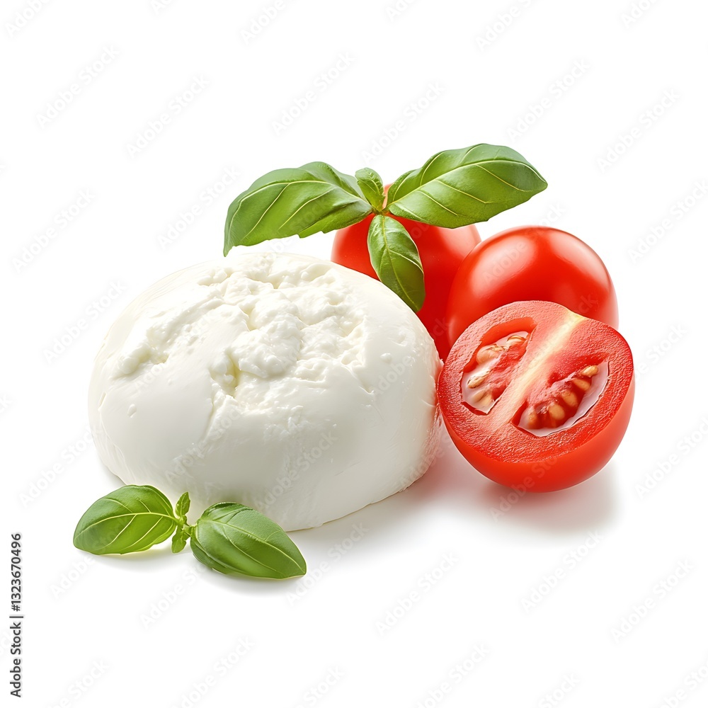 Bright red tomato sliced open next to creamy mozzarella cheese on a rustic wooden table with fresh basil leaves Bright red tomato sliced open next to creamy mozzarella cheese on a rustic wooden table with fresh basil leaves