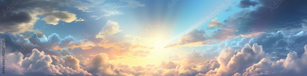 Obraz premium Heavenly sky with golden clouds at sunrise beautiful dreamy atmosphere vibrant sunbeams gentle light blue sky celestial peaceful scene