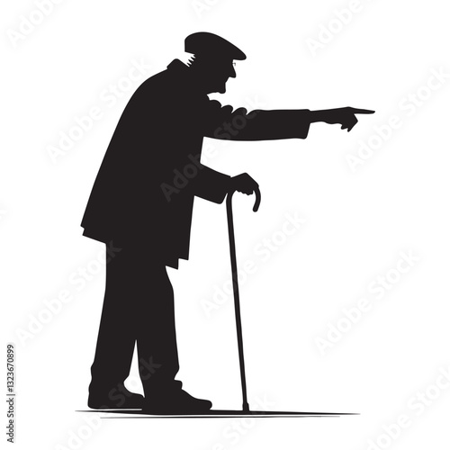 Wise Pointing Oldman silhouette, a gesture of experience and learning - Oldman illustration - Minimalist Pointing Oldman vector - Senior thinker
