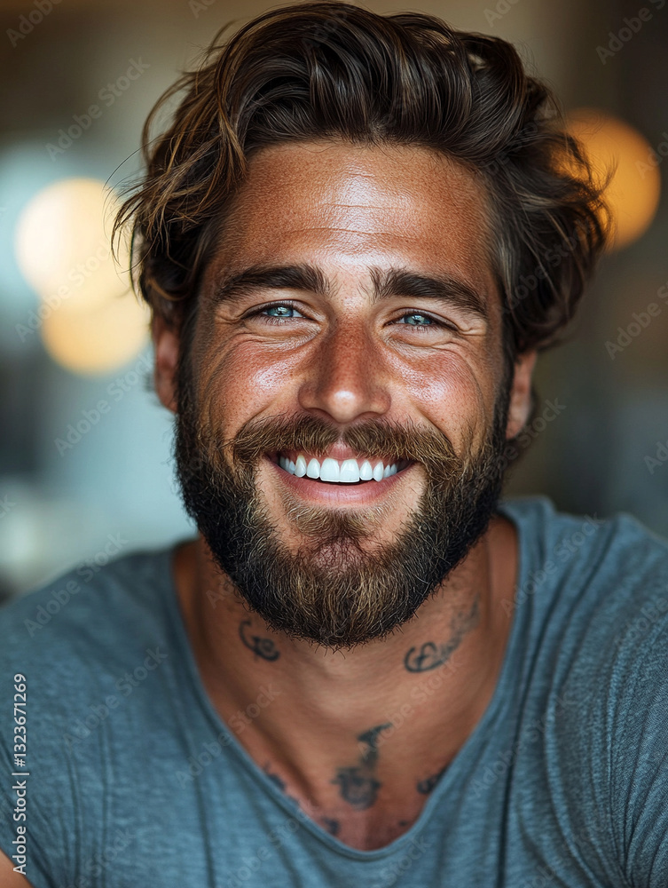 Bright smile of man with beard in casual setting Bright smile of man with beard in casual setting