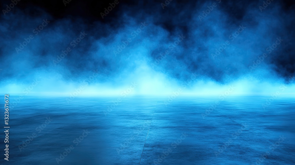 A serene blue mist envelops a calm water surface, creating a tranquil and mysterious atmosphere. A serene blue mist envelops a calm water surface, creating a tranquil and mysterious atmosphere.
