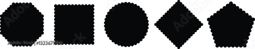 Black silhouette scallop with zigzag edges set. Geometric different stickers with zigzag wavy edge.  Label Stamp Box, circle, polygonal element for design
