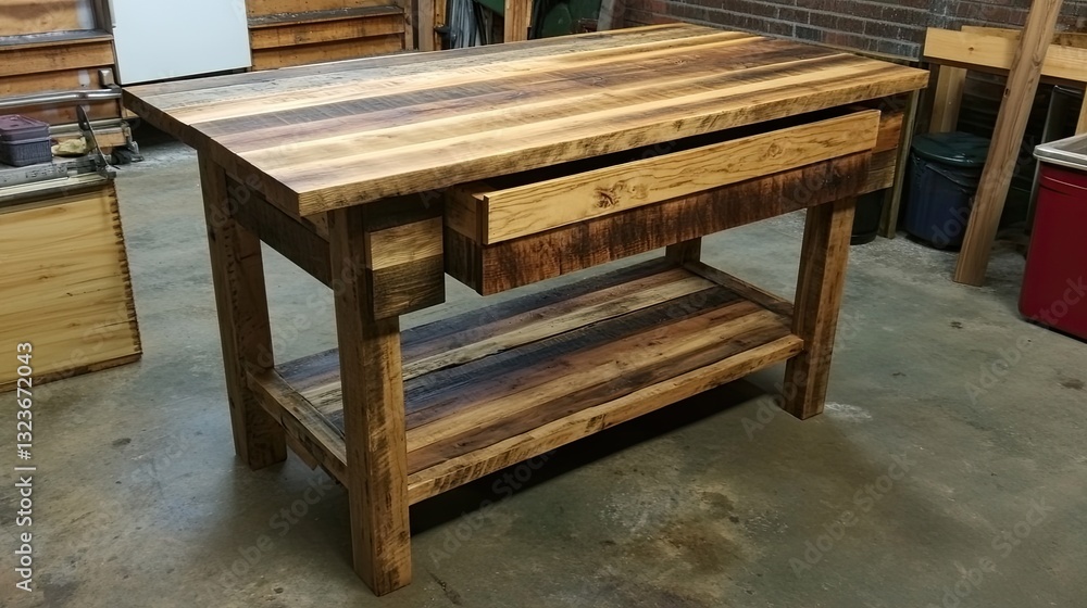 A rustic pallet wood kitchen island with a natural wood finish. A rustic pallet wood kitchen island with a natural wood finish.