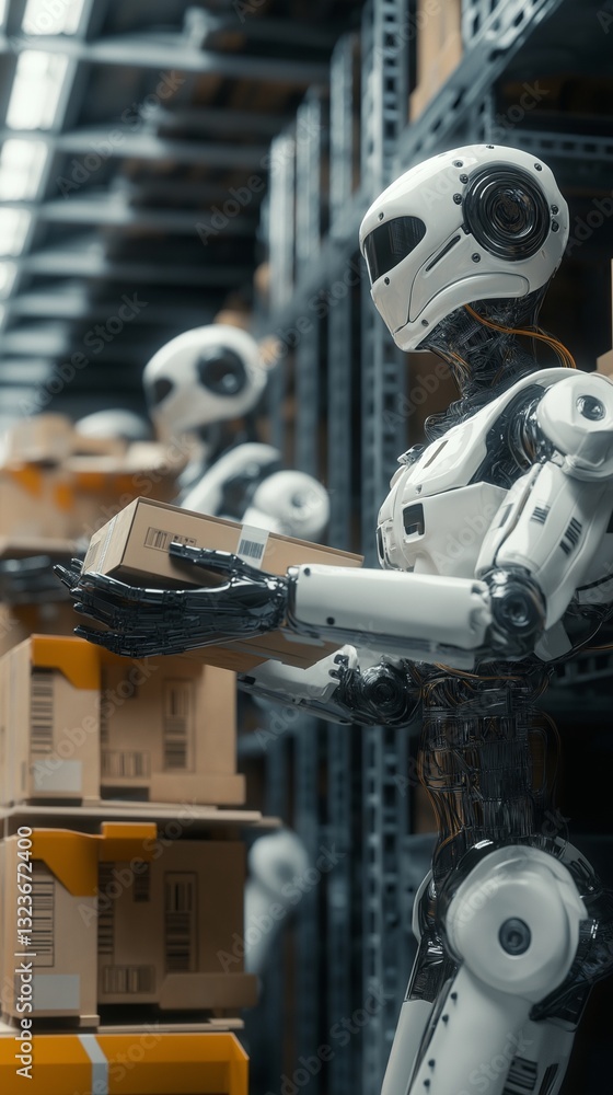 Fototapeta premium A humanoid robot operating in a warehouse.