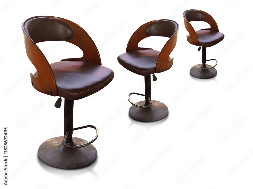 antique three Stool with backrest, old metal legs, brown color leather seat on white background, object, comfortable, decor, copy space antique three Stool with backrest, old metal legs, brown color leather seat on white background, object, comfortable, decor, copy space