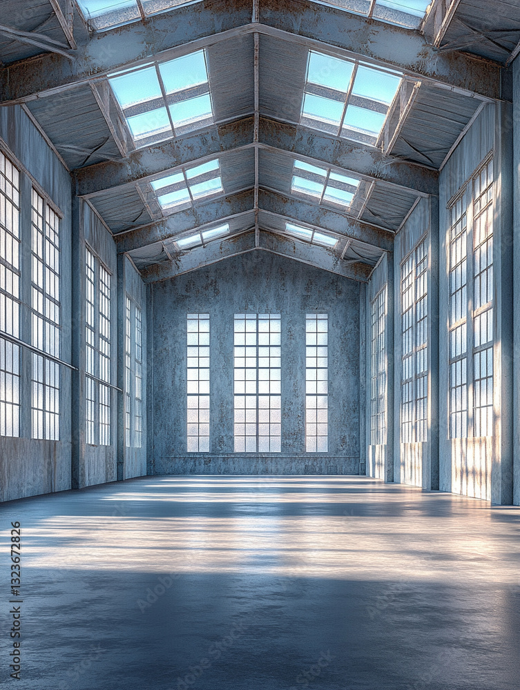 Spacious industrial hall with natural light during daytime Spacious industrial hall with natural light during daytime