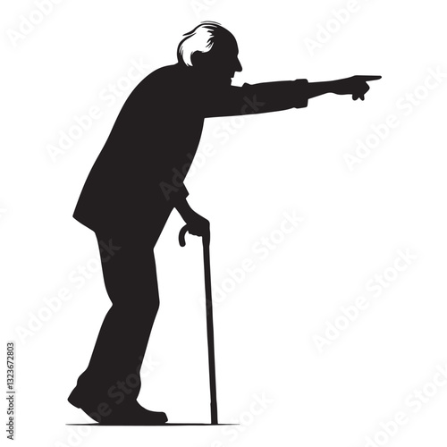 Authoritative Pointing Oldman silhouette, guiding with wisdom - Oldman illustration - Minimalist Pointing Oldman vector - Elderly figure

