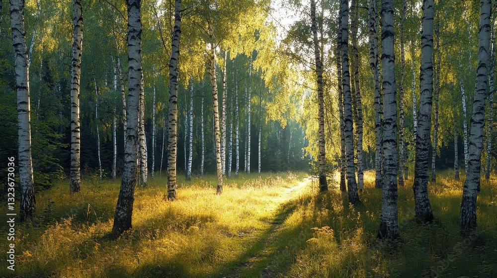 Fototapeta premium Sunlit birch forest path, tall trees & green grass. Ideal for nature, tranquility, peace themes, evokes serenity.