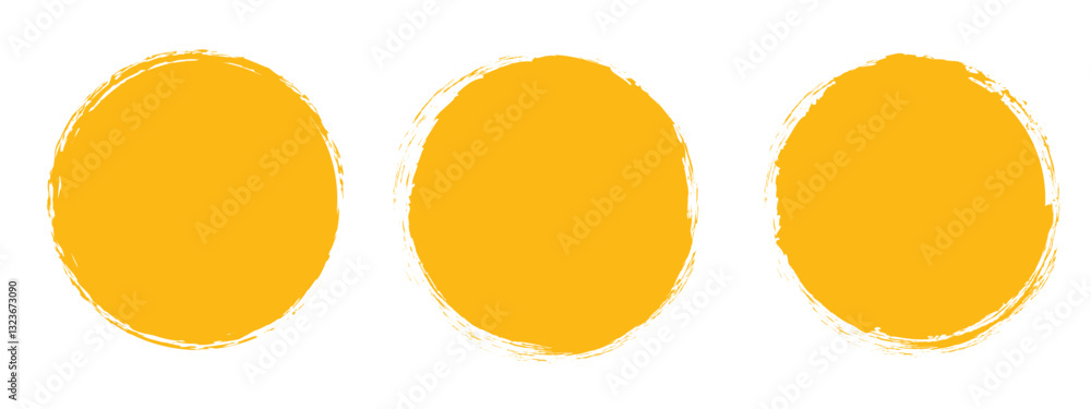 Set of yellow circle grunge shapes on a white background. Round brush painted circle brush stamps illustration of an orange and yellow Set of yellow circle grunge shapes on a white background. Round brush painted circle brush stamps illustration of an orange and yellow