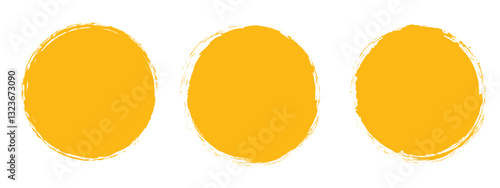 Set of yellow circle grunge shapes on a white background. Round brush painted circle brush stamps illustration of an orange and yellow	