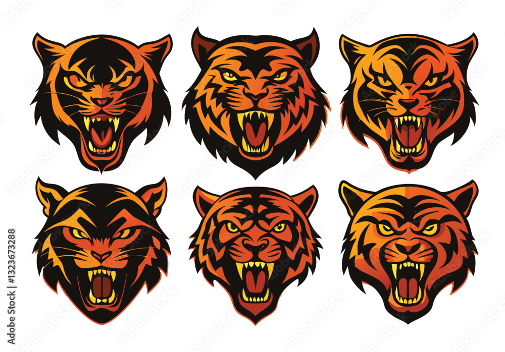 Fototapeta premium Tiger head mascot collection, tiger icon set. Vector illustration