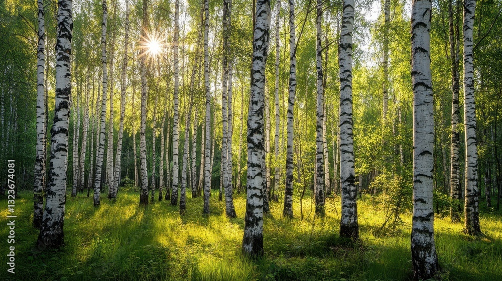 Obraz premium Sunlit birch forest, tall trees with white bark. Perfect for nature, tranquility, or spring themes.