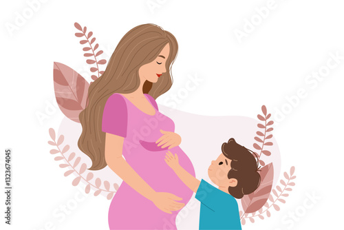 Heartwarming Mother's Day illustration Happy pregnant mother in pink dress with her young son in blue t-shirt reaching for her. Cute vector illustration in concept of carefulness and happy motherhood 